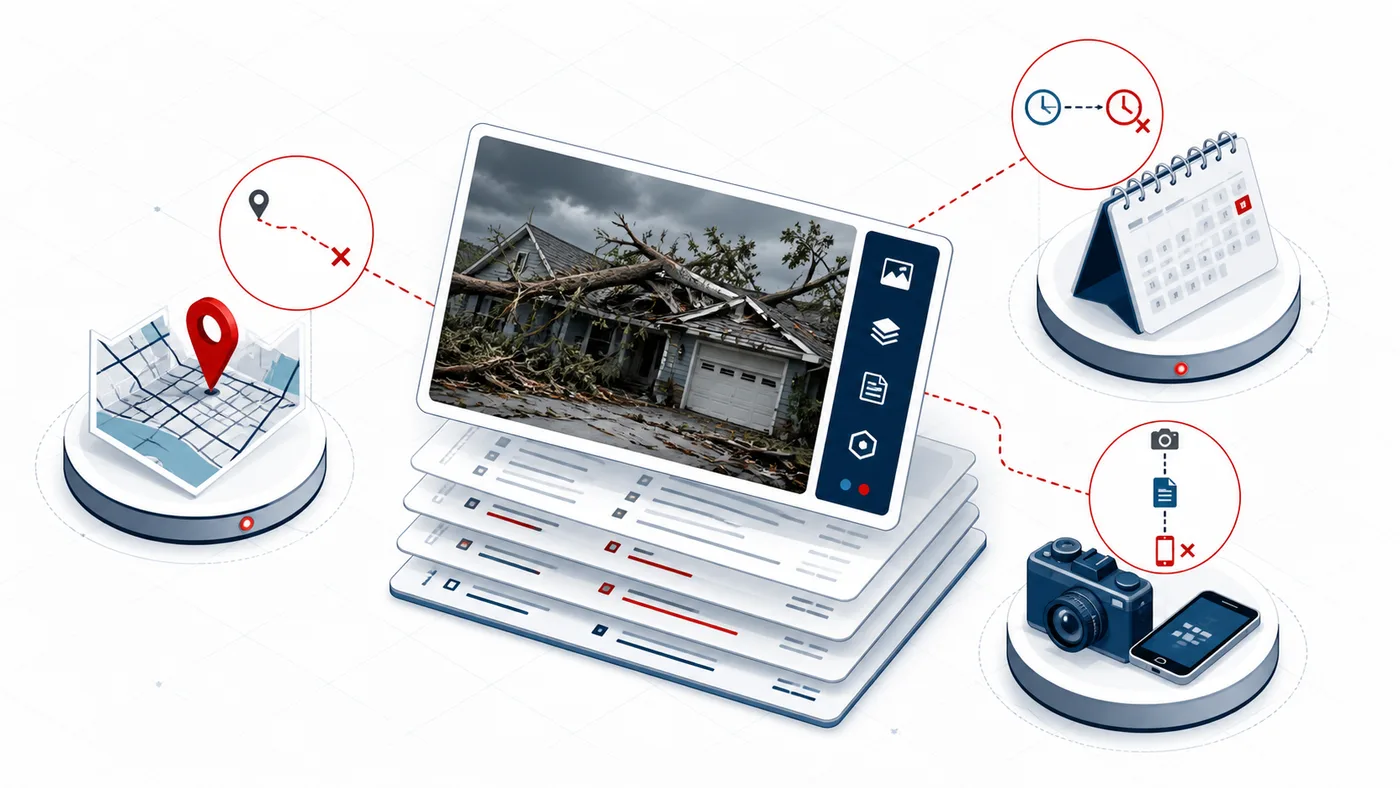 Image metadata compared with claim date, location, and capture device